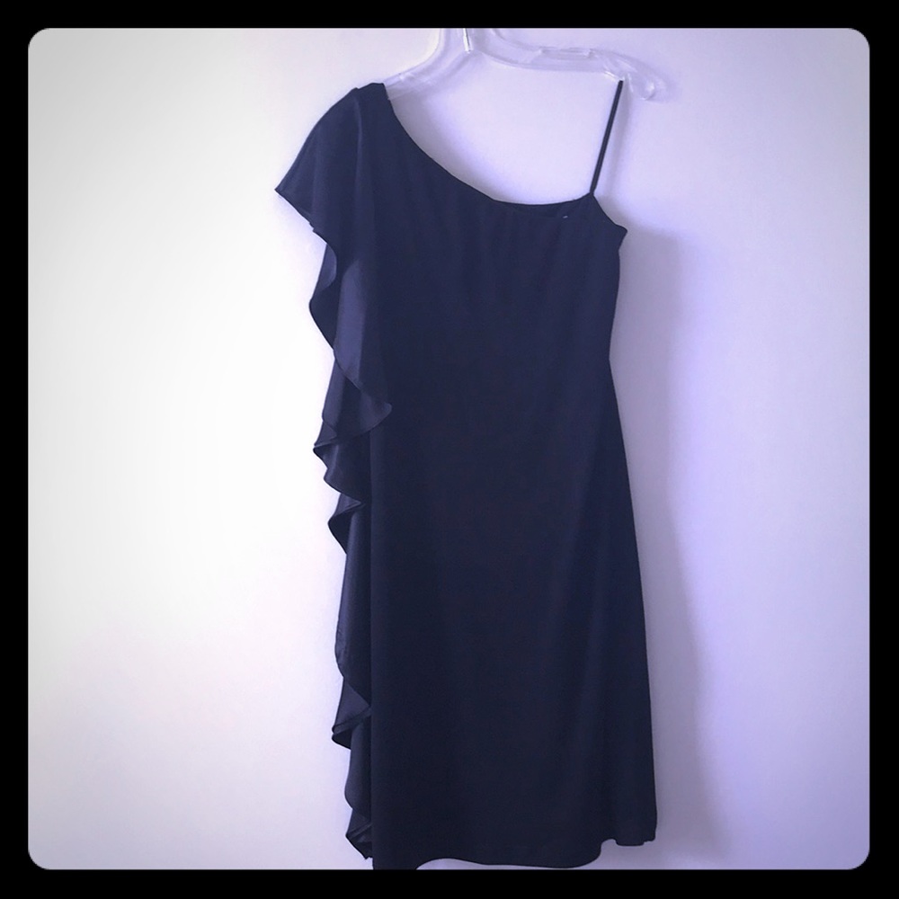 S.L. Fashions: one shoulder black dress w/ruffles